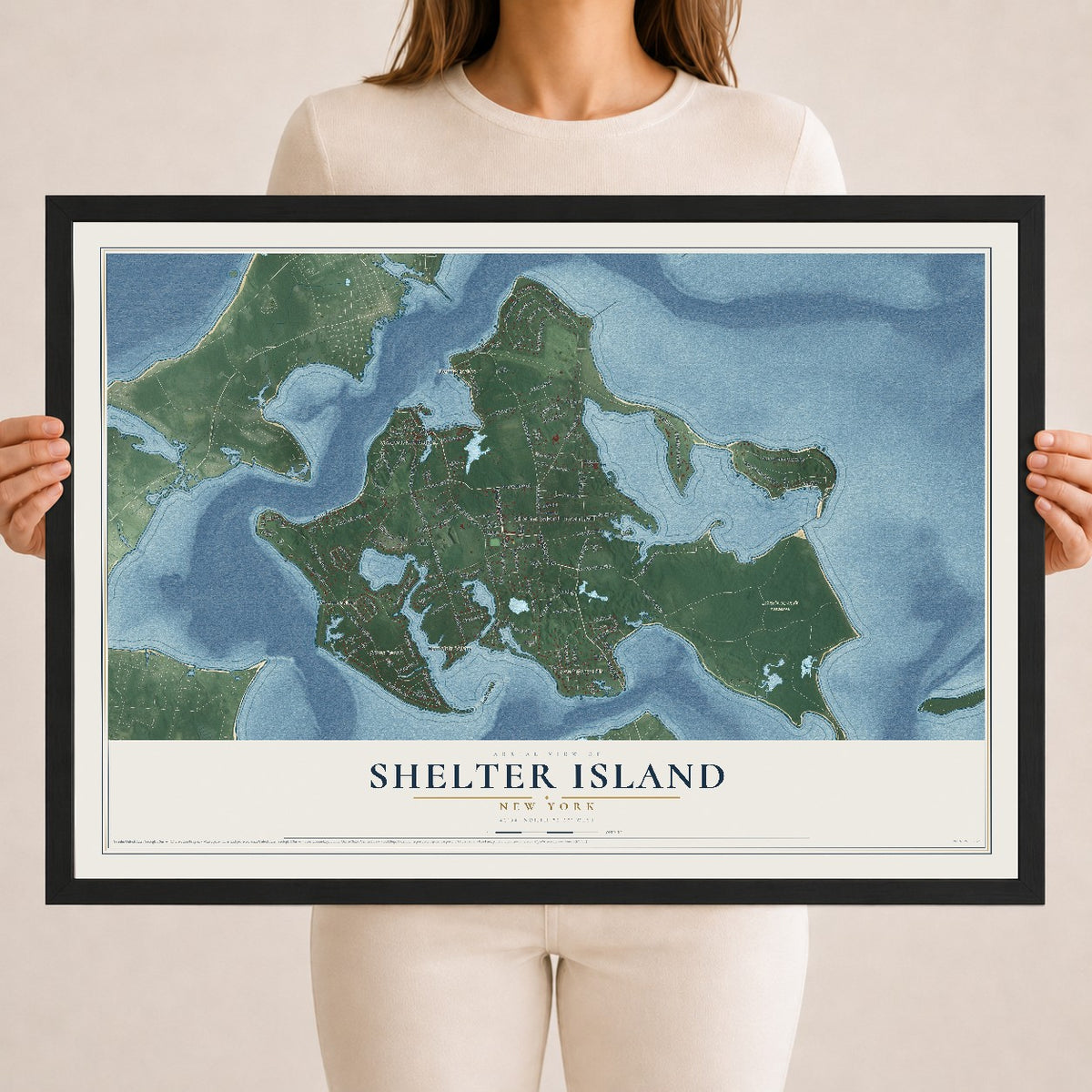 Shelter Island, New York map print, 18" x 24" W/ Black Ayous Wood Frame mockup