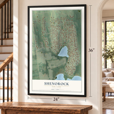 Shenorock, New York map, 24 x 36 inch print in a black frame by a staircase