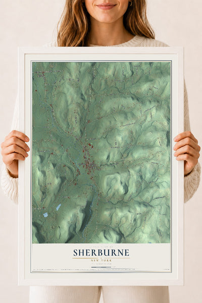Sherburne, New York map print, 18" x 24" W/ White Ayous Wood Frame mockup