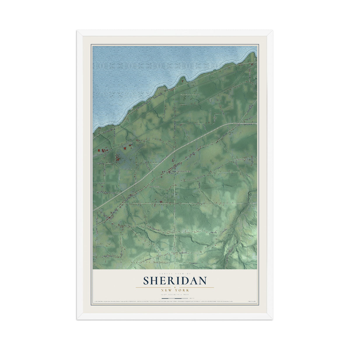 Sheridan, New York map print, 12" x 18" W/ White Ayous Wood Frame mockup