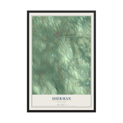 Sherman, New York map print, 12" x 18" W/ Black Ayous Wood Frame mockup