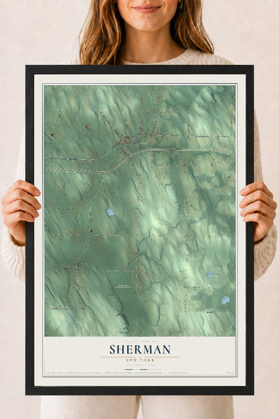 Sherman, New York map print, 18" x 24" W/ Black Ayous Wood Frame mockup