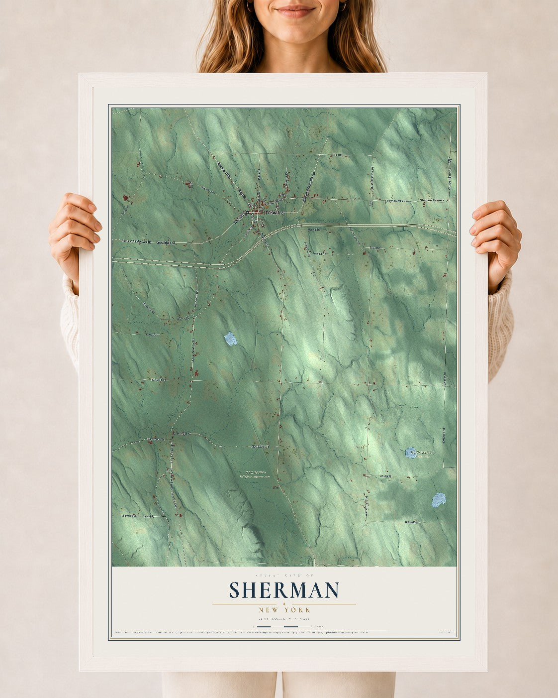 Sherman, New York map print, 24" x 36" W/ White Ayous Wood Frame mockup