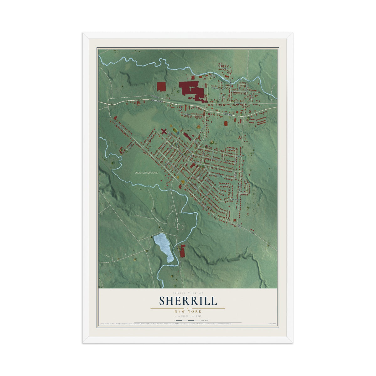Sherrill, New York map print, 12" x 18" W/ White Ayous Wood Frame mockup