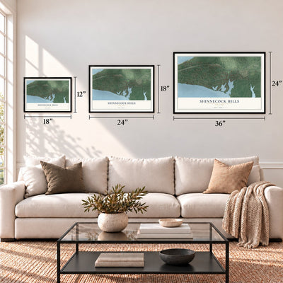 Shinnecock Hills, New York map in 12 x 18, 18 x 24 and 24 x 36 inch sizes above a sofa