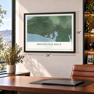 Shinnecock Hills, New York map, 18 x 24 inch print in a black frame in a home office