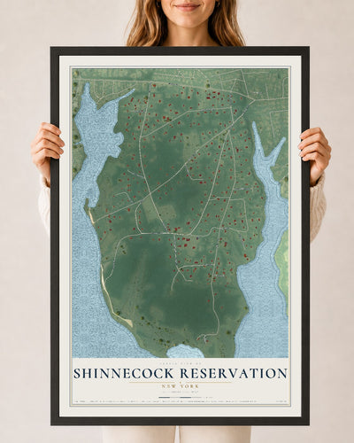 Shinnecock Reservation, New York map print, 24" x 36" W/ Black Ayous Wood Frame mockup