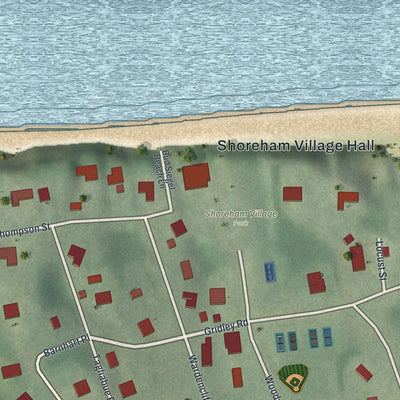 Close-up of the map of Shoreham, New York print showing street and building detail