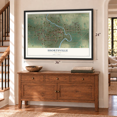 Shortsville, New York map, 24 x 36 inch print in a black frame above a dresser by a staircase