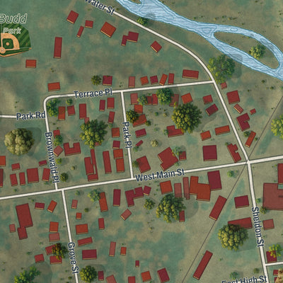 Close-up of the map of Shortsville, New York print showing street and building detail