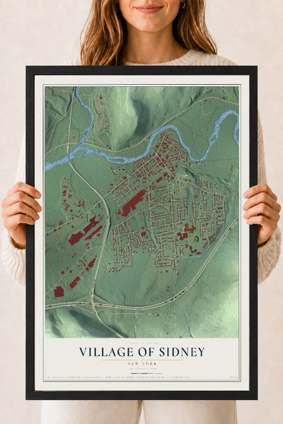Sidney, New York map print, 18" x 24" W/ Black Ayous Wood Frame mockup