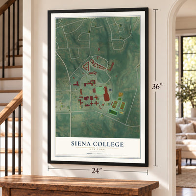 Siena College, New York map, 24 x 36 inch print in a black frame by a staircase