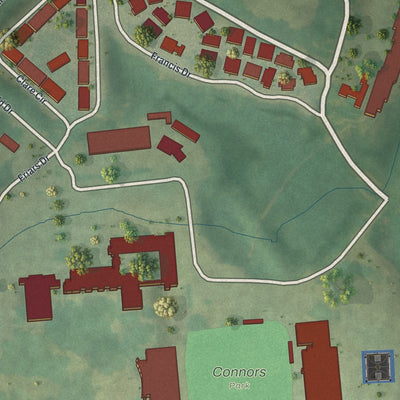 Close-up of the map of Siena College, New York print showing street and building detail
