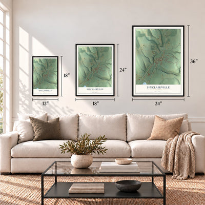 Sinclairville, New York map in 12 x 18, 18 x 24 and 24 x 36 inch sizes above a sofa