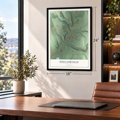 Sinclairville, New York map, 18 x 24 inch print in a black frame in a home office
