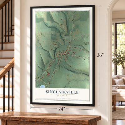 Sinclairville, New York map, 24 x 36 inch print in a black frame by a staircase