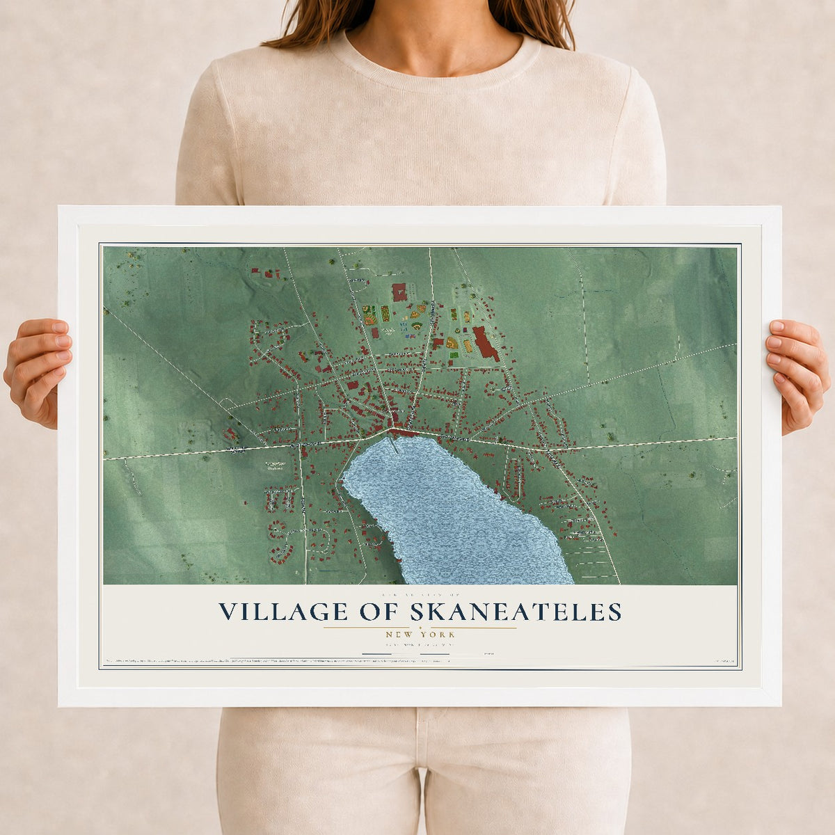 Skaneateles, New York map print, 12" x 18" W/ White Ayous Wood Frame mockup