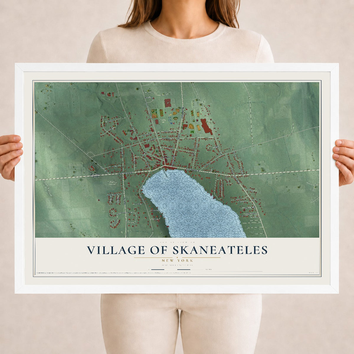 Skaneateles, New York map print, 18" x 24" W/ White Ayous Wood Frame mockup