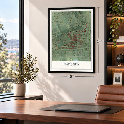 Skunk City, New York map, 18 x 24 inch print in a black frame in a home office
