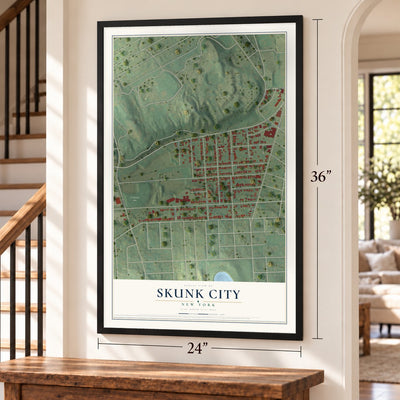 Skunk City, New York map, 24 x 36 inch print in a black frame by a staircase