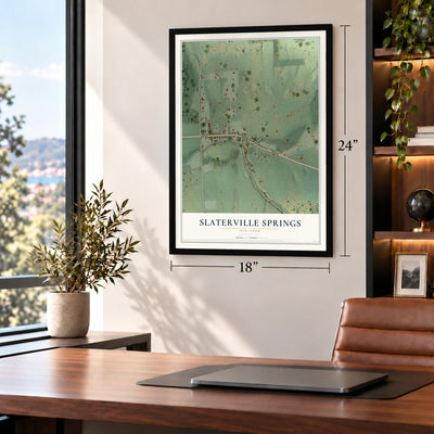 Slaterville Springs, New York map, 18 x 24 inch print in a black frame in a home office