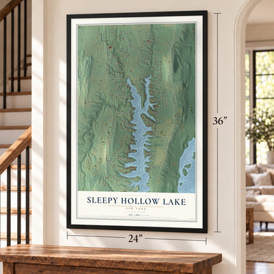 Sleepy Hollow Lake, New York map, 24 x 36 inch print in a black frame by a staircase