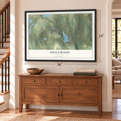 Smallwood, New York map, 24 x 36 inch print in a black frame above a dresser by a staircase