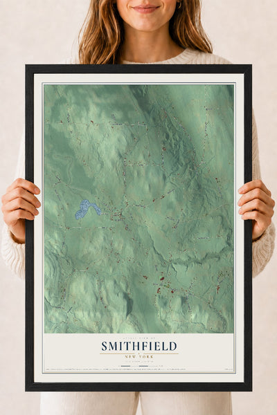 Smithfield, New York map print, 18" x 24" W/ Black Ayous Wood Frame mockup