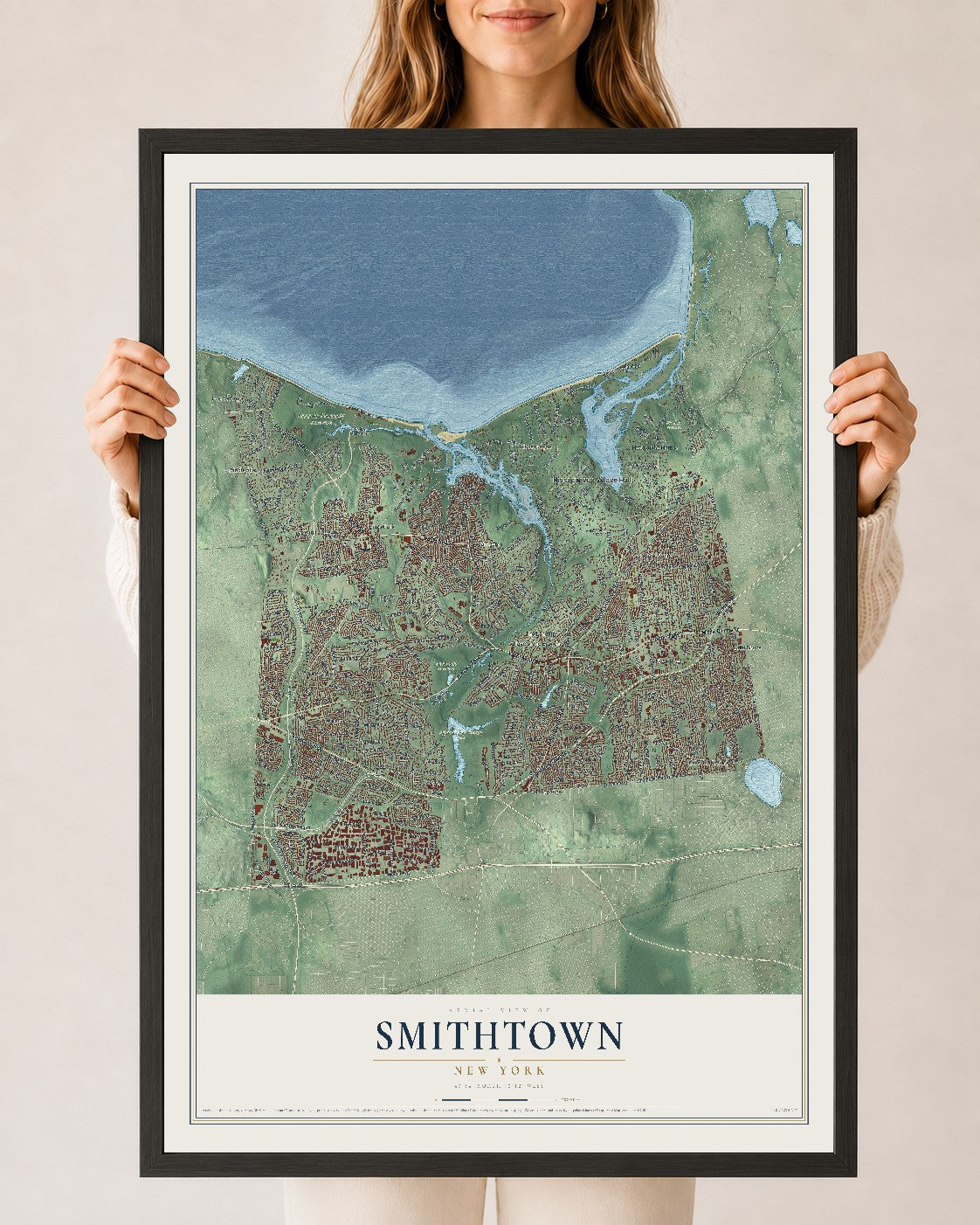 Smithtown, New York map print, 24" x 36" W/ Black Ayous Wood Frame mockup
