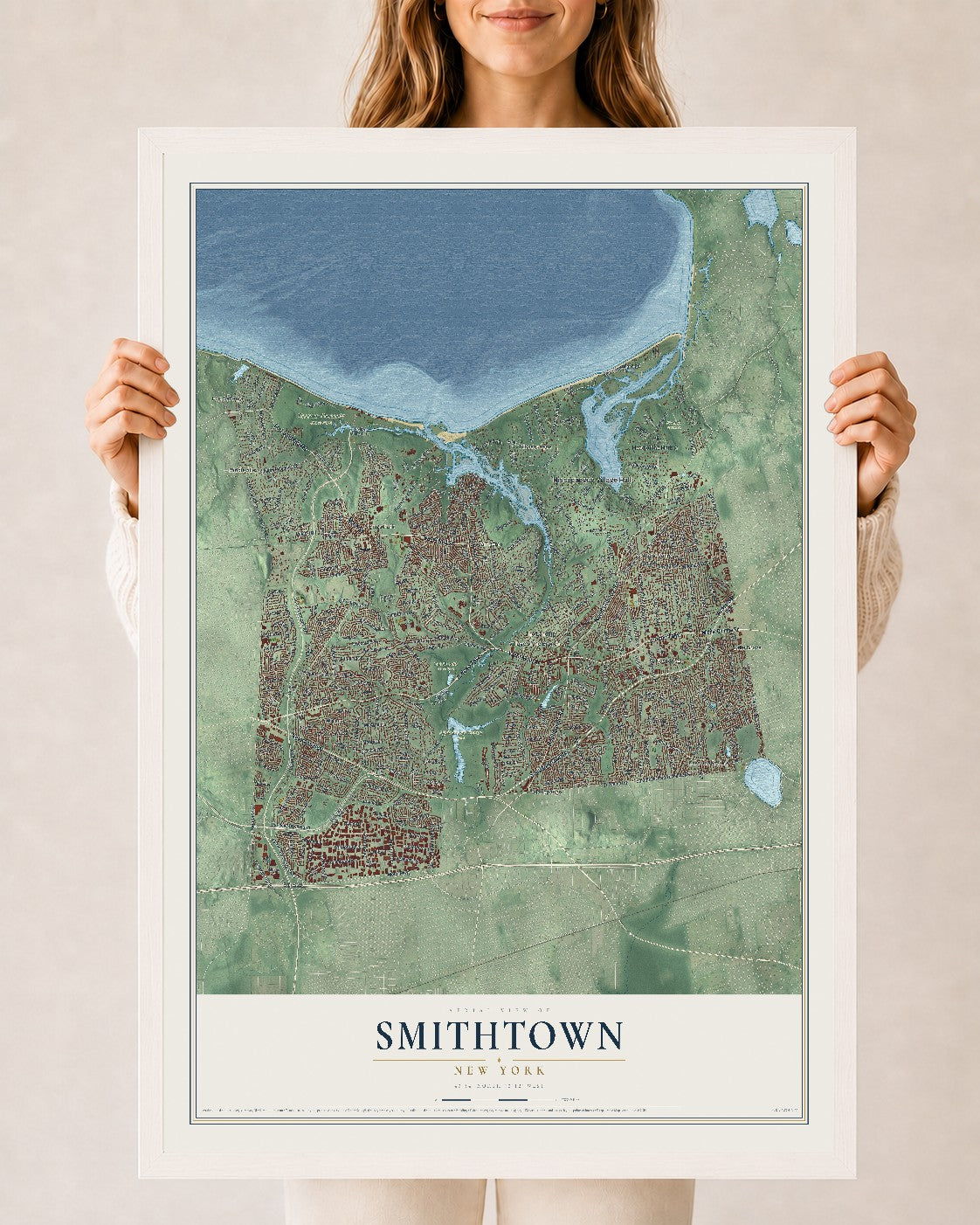 Smithtown, New York map print, 24" x 36" W/ White Ayous Wood Frame mockup