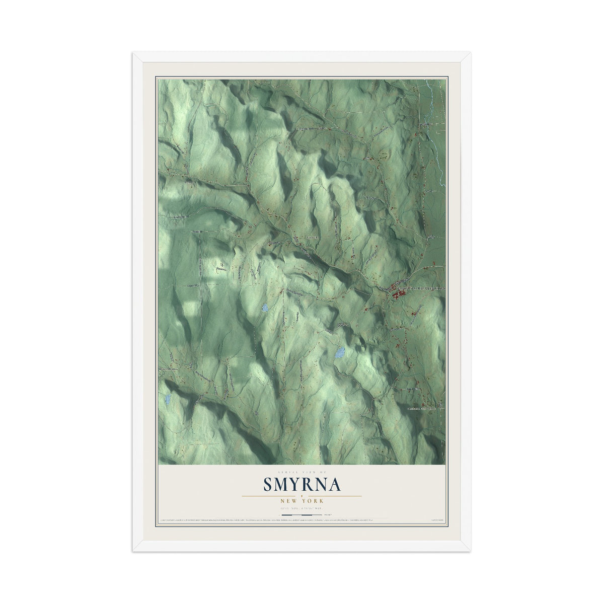 Smyrna, New York map print, 12" x 18" W/ White Ayous Wood Frame mockup