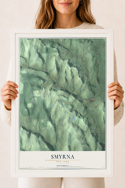 Smyrna, New York map print, 18" x 24" W/ White Ayous Wood Frame mockup