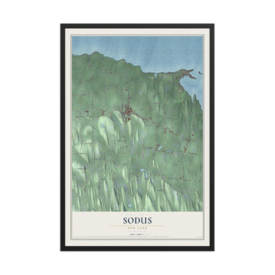 Sodus, New York map print, 12" x 18" W/ Black Ayous Wood Frame mockup