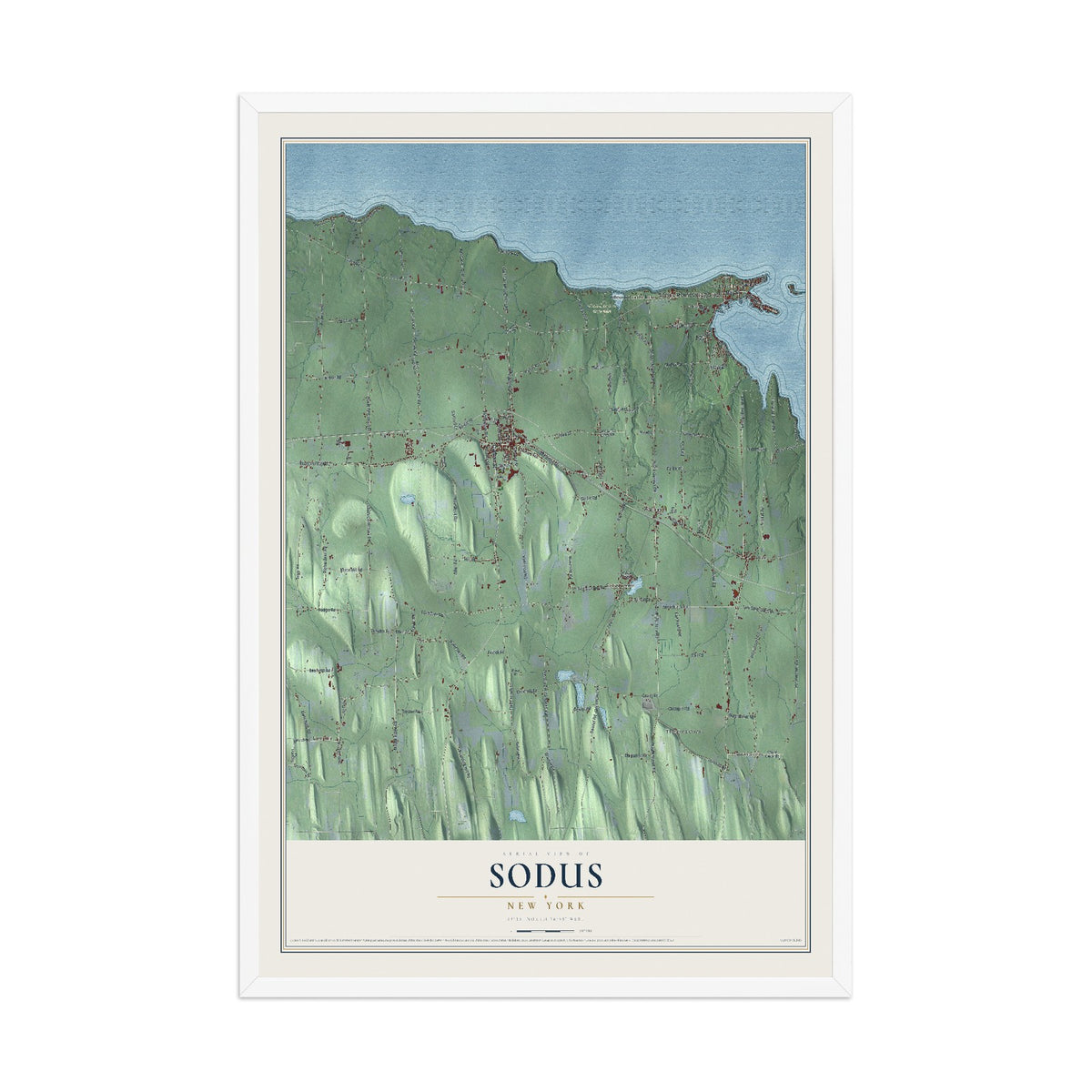 Sodus, New York map print, 12" x 18" W/ White Ayous Wood Frame mockup