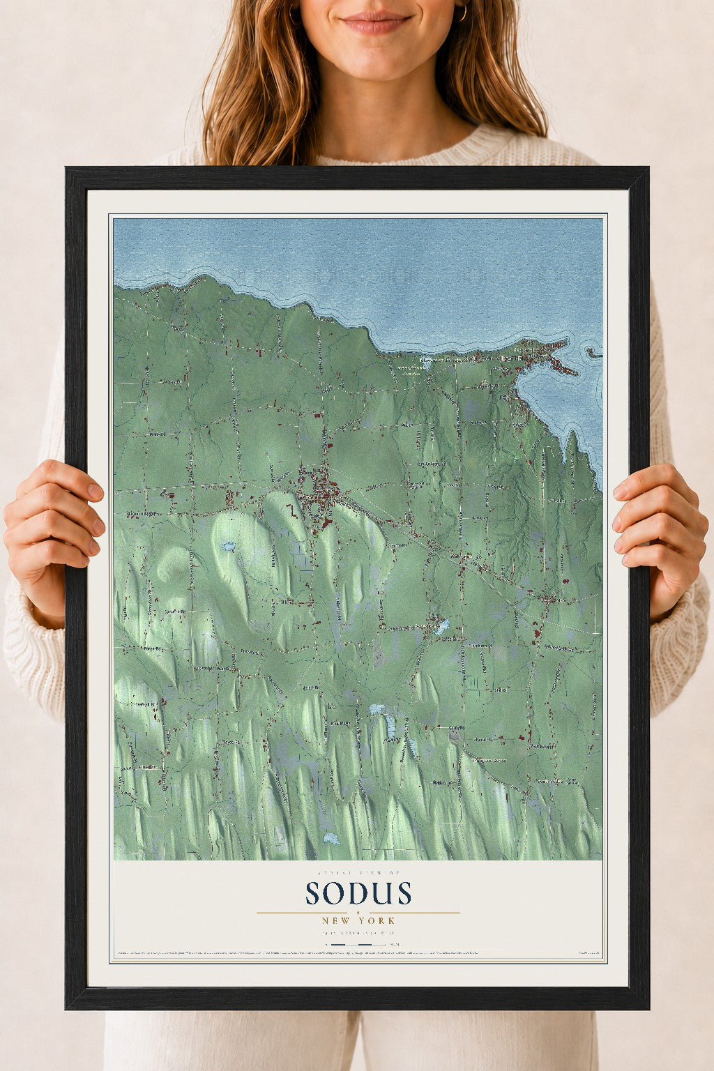 Sodus, New York map print, 18" x 24" W/ Black Ayous Wood Frame mockup