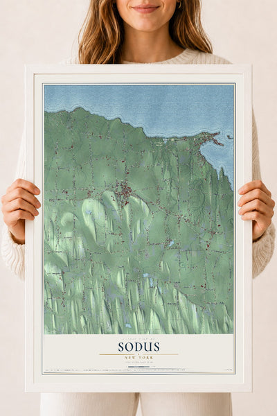 Sodus, New York map print, 18" x 24" W/ White Ayous Wood Frame mockup