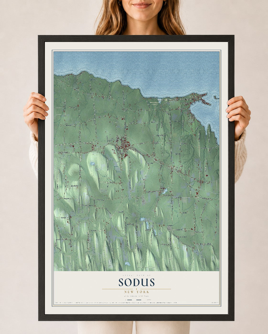 Sodus, New York map print, 24" x 36" W/ Black Ayous Wood Frame mockup
