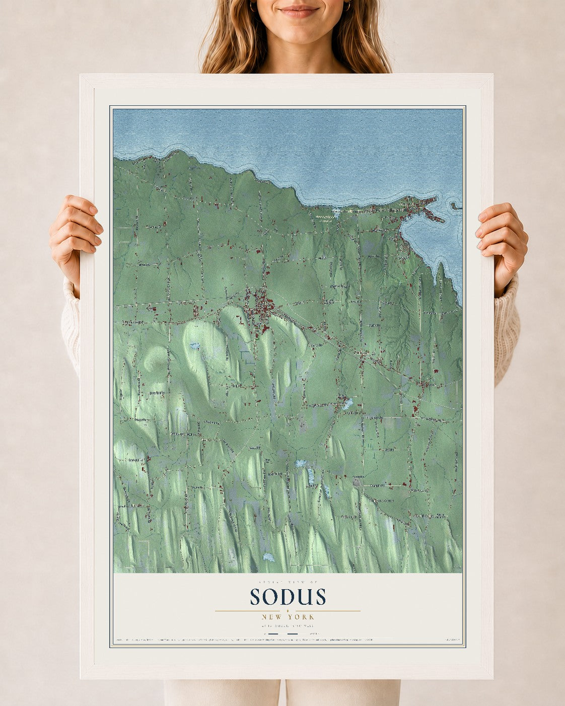 Sodus, New York map print, 24" x 36" W/ White Ayous Wood Frame mockup