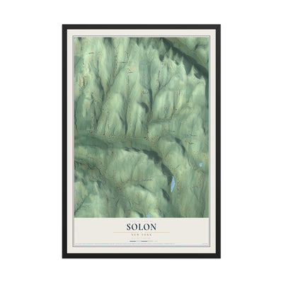 Solon, New York map print, 12" x 18" W/ Black Ayous Wood Frame mockup