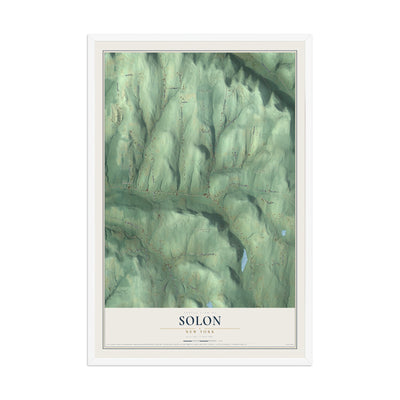 Solon, New York map print, 12" x 18" W/ White Ayous Wood Frame mockup