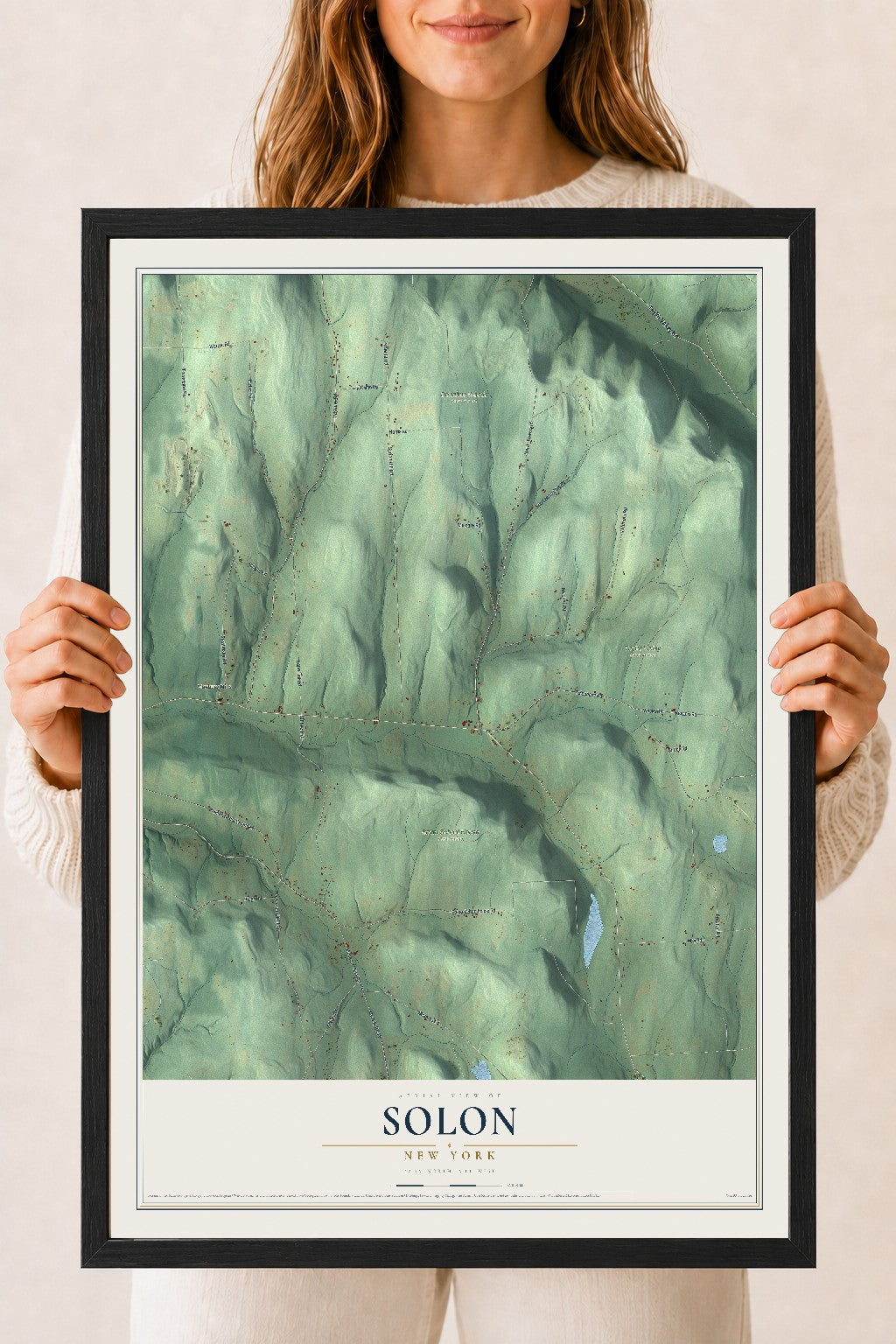 Solon, New York map print, 18" x 24" W/ Black Ayous Wood Frame mockup