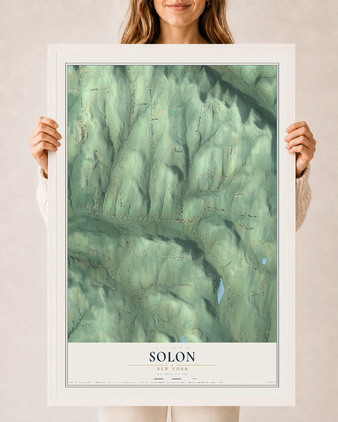 Solon, New York map print, 24" x 36" W/ White Ayous Wood Frame mockup