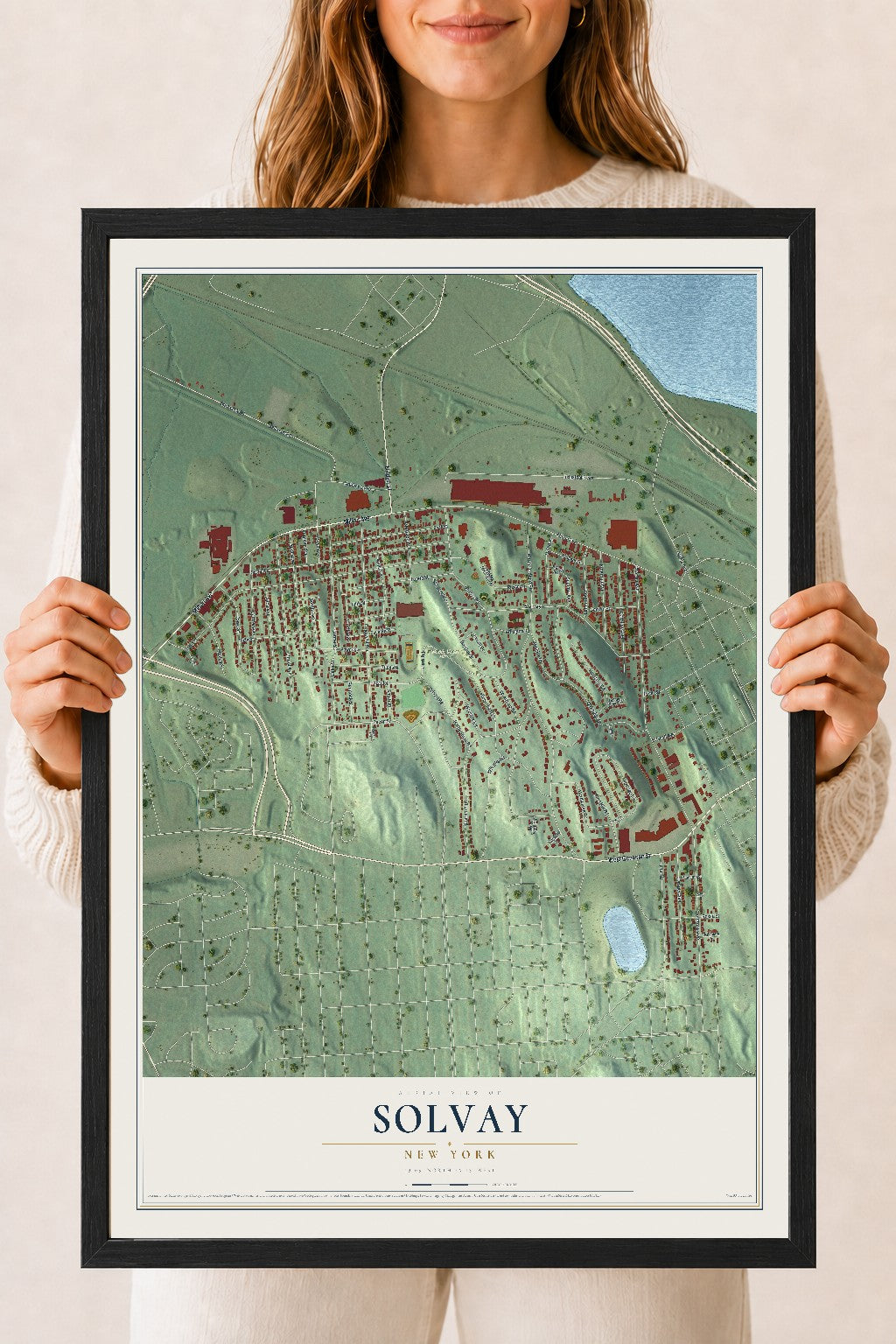 Solvay, New York map print, 18" x 24" W/ Black Ayous Wood Frame mockup