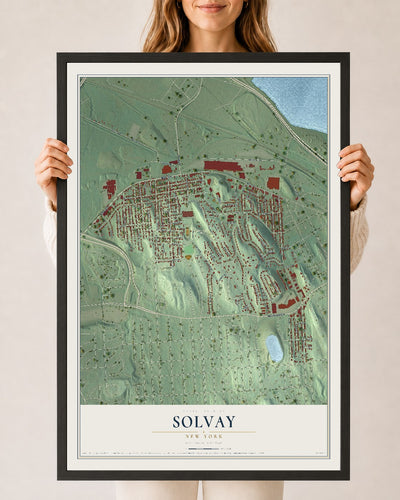 Solvay, New York map print, 24" x 36" W/ Black Ayous Wood Frame mockup