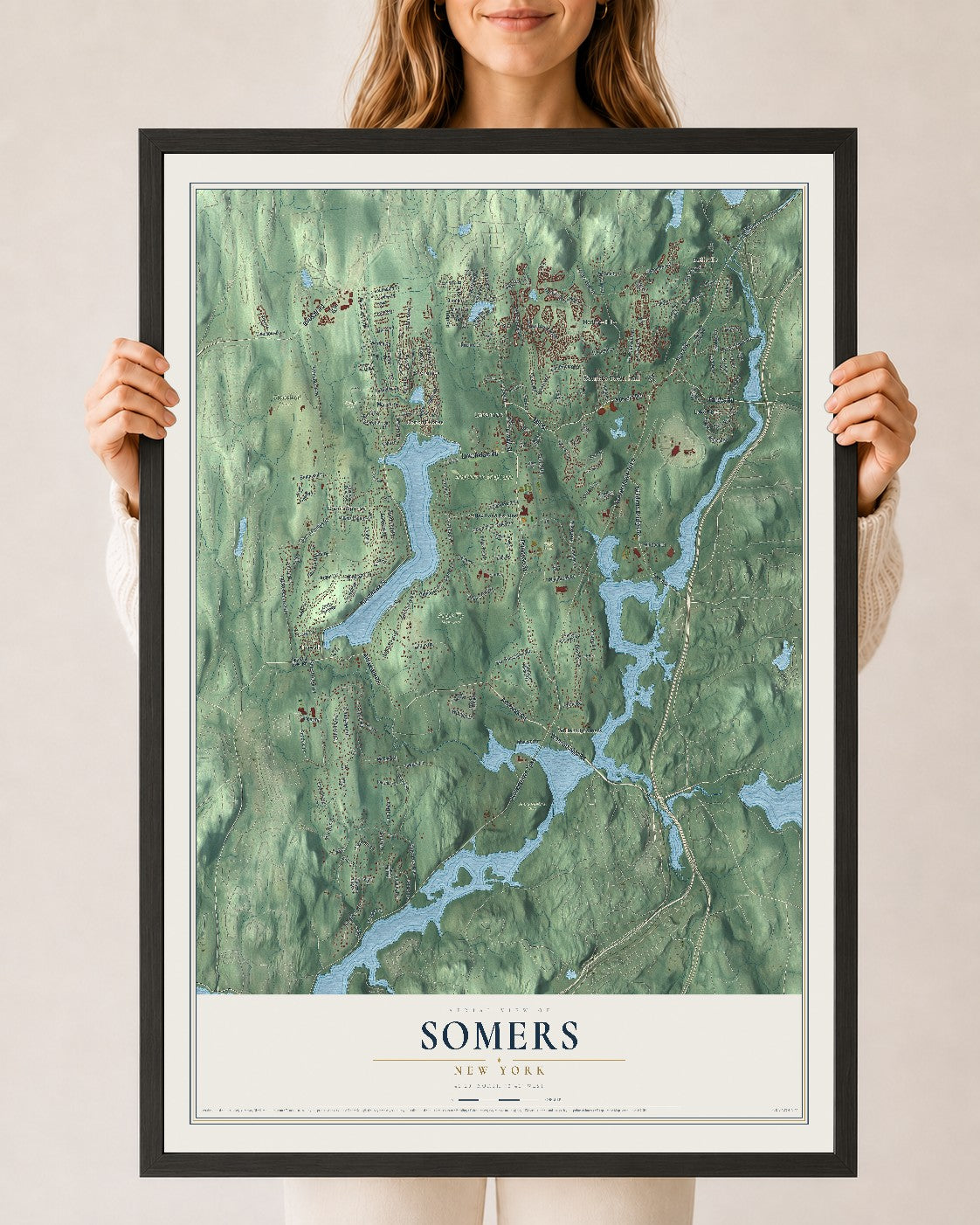 Somers, New York map print, 24" x 36" W/ Black Ayous Wood Frame mockup