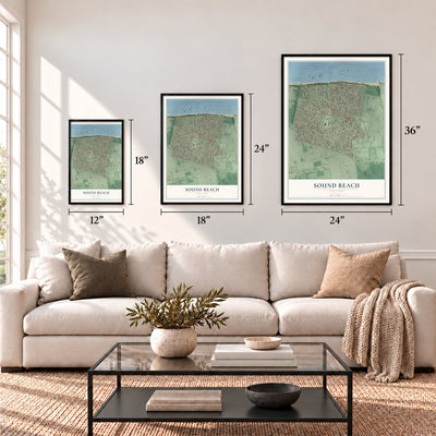 Sound Beach, New York map in 12 x 18, 18 x 24 and 24 x 36 inch sizes above a sofa
