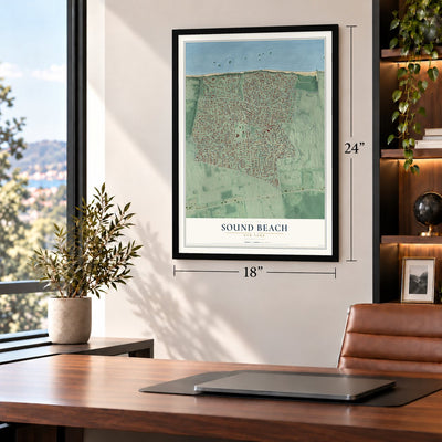 Sound Beach, New York map, 18 x 24 inch print in a black frame in a home office
