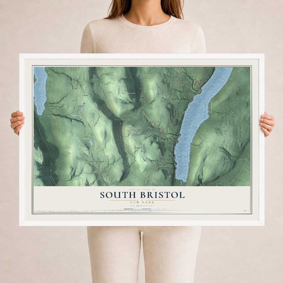 South Bristol, New York map print, 24" x 36" W/ White Ayous Wood Frame mockup