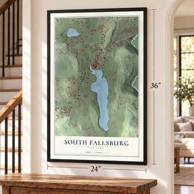 South Fallsburg, New York map, 24 x 36 inch print in a black frame by a staircase