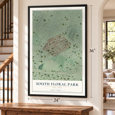 South Floral Park, New York map, 24 x 36 inch print in a black frame by a staircase